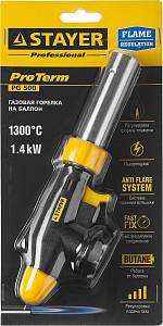 STAYER ProTerm PG 500, 1300&deg;C, увеличенный выход пламени, газовая горелка с пьезоподжигом на баллон с цанговым соединением, Professional (55580)